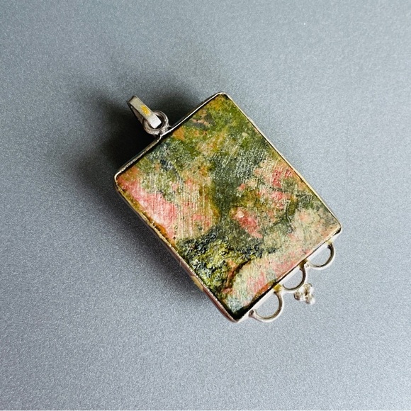 Green & Pink Unakite Jasper Rectangular Sterling Silver Vintage Pendant … - Picture 5 of 13